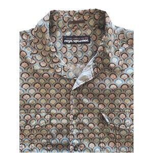 Reyn Spooner Hawaiian Shirt Mens XLarge XL‎ Short Sleeve Brown Blue Fan Pattern